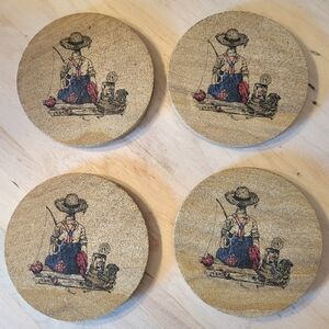 Set of 4 Vintage Sandstone Coasters Boy Fishing Cork Backing Country Farm